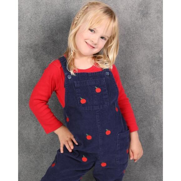 Mini Boden Relaxed Corduroy Overalls Apple Embroidery College Navy Blue 5-6Y - Picture 3 of 11